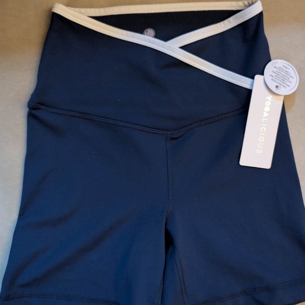 Yogalicious Navy Athletic Shorts with White Crossover Waist Trim